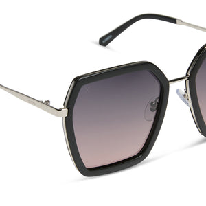 dime optics featuring the alameda square sunglasses with a silver and matte black frame and orchid gradient lenses detailed view