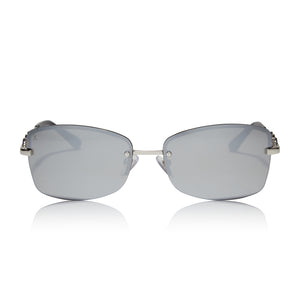alondra dessy x dime optics featuring a vibe square sunglasses with a silver frame and silver mirror lenses front view