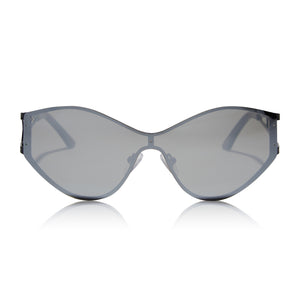 alondra dessy x dime optics featuring the dessy shield sunglasses with a black frame and silver mirror lenses front view