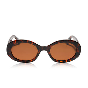 meredith duxbury x dime optics duxbury round sunglasses with a tortoise frame and brown polarized lenses front view