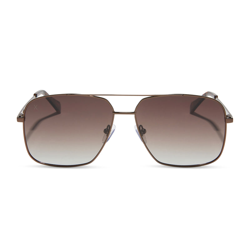 dime optics encino aviator sunglasses with a chocolate brown metal frame and brown gradient polarized lenses front view