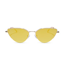dime optics fairfax cat eye sunglasses with a gold metal frame and gold mirror lenses front view