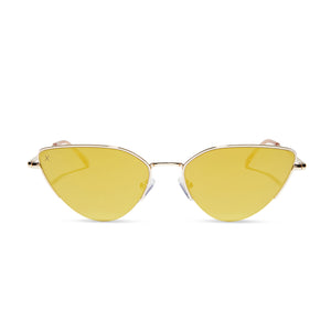 dime optics fairfax cat eye sunglasses with a gold metal frame and gold mirror lenses front view
