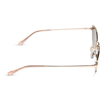 dime optics fairfax cat eye sunglasses with a gold metal frame and gold mirror lenses side view