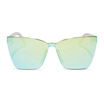 dime optics glendale cat eye sunglasses with a crystal clear frame and cyan mirror lenses front view