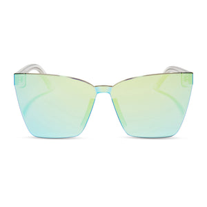 dime optics glendale cat eye sunglasses with a crystal clear frame and cyan mirror lenses front view