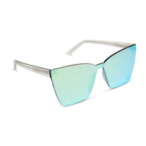 dime optics glendale cat eye sunglasses with a crystal clear frame and cyan mirror lenses angled view