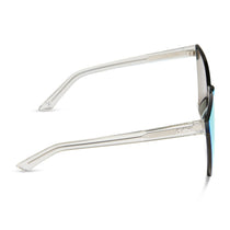 dime optics glendale cat eye sunglasses with a crystal clear frame and cyan mirror lenses side view