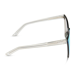 dime optics glendale cat eye sunglasses with a crystal clear frame and cyan mirror lenses side view