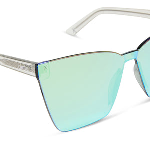dime optics glendale cat eye sunglasses with a crystal clear frame and cyan mirror lenses detailed view
