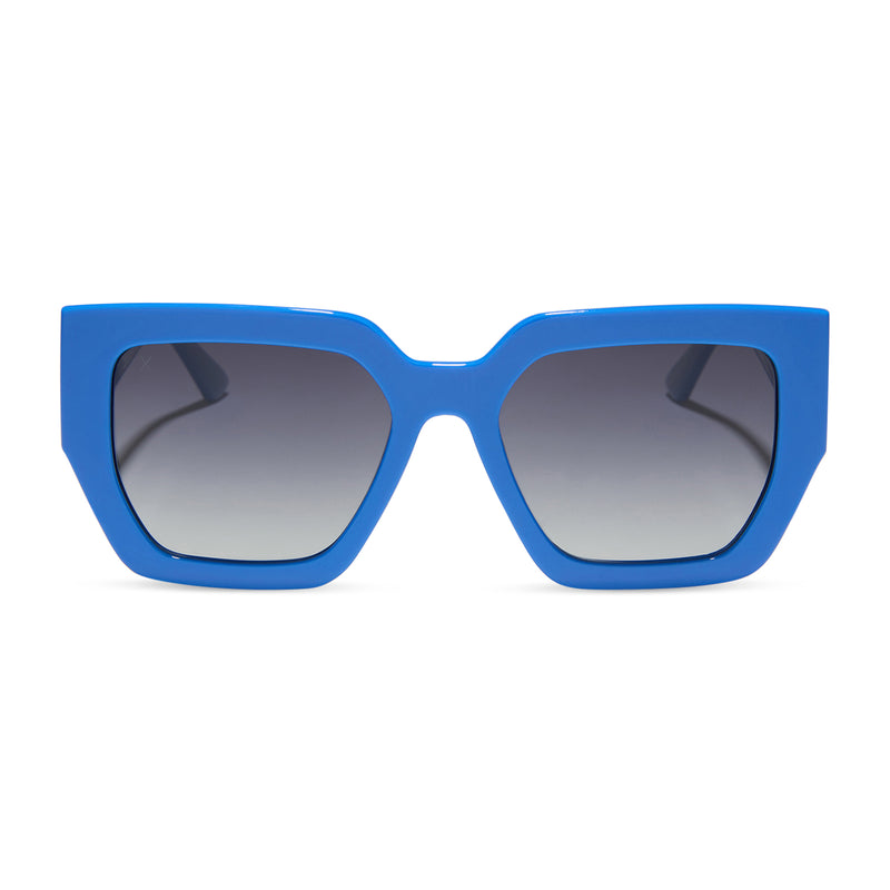 dime optics highland square sunglasses with a poolhouse blue frame and grey gradient polarized lenses front view