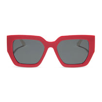 dime optics highland square sunglasses with a ruby red frame and swiss coffee grey polarized lenses front view