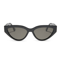 dime optics featuring last call cat eye sunglasses with a black frame and grey polarized lenses front view