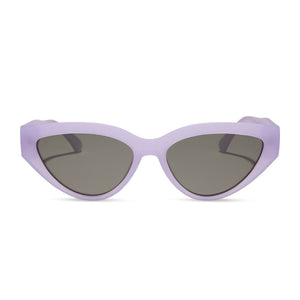 les do makeup x dime optics featuring last call cat eye sunglasses with a lavender fog crystal frame and grey polarized lenses front view