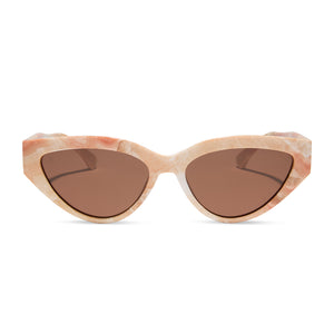 les do makeup x dime optics featuring last call cat eye sunglasses with a milk n honey frame and brown polarized lenses front view