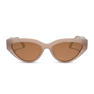 les do makeup x dime optics featuring last call cat eye sunglasses with a milky nude frame and brown with gold flash polarized lenses front view