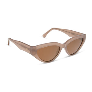 les do makeup x dime optics featuring last call cat eye sunglasses with a milky nude frame and brown with gold flash polarized lenses angled view