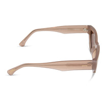 les do makeup x dime optics featuring last call cat eye sunglasses with a milky nude frame and brown with gold flash polarized lenses side view