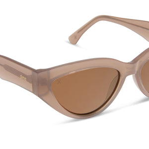 les do makeup x dime optics featuring last call cat eye sunglasses with a milky nude frame and brown with gold flash polarized lenses detailed view