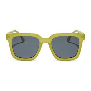 dime optics featuring the malibu square sunglasses with a valley green frame and grey polarized lenses front view