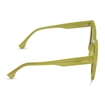 dime optics featuring the malibu square sunglasses with a valley green frame and grey polarized lenses side view