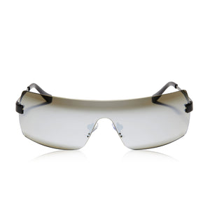 meredith duxbury x dime optics meredith shield sunglasses with a black frame and silver mirror lenses front view