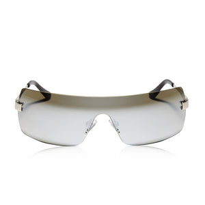 meredith duxbury x dime optics meredith shield sunglasses with a silver frame and silver mirror lenses front view