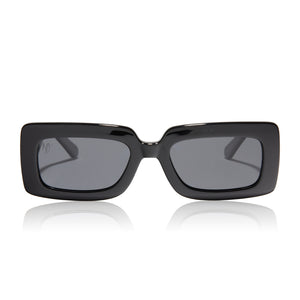 mikayla jane x dime optics bad beach square sunglasses with a black frame and solid grey lenses front view