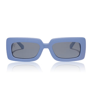 mikayla jane x dime optics bad beach square sunglasses with a matte blue frame and grey flash polarized lenses front view
