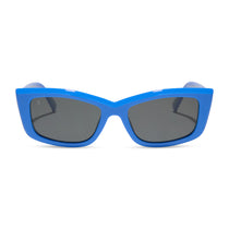 dime optics olympic cat eye sunglasses with a poolhouse blue frame and grey polarized lenses front view