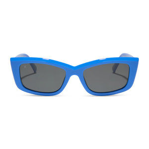 dime optics olympic cat eye sunglasses with a poolhouse blue frame and grey polarized lenses front view