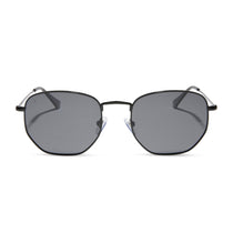 dime optics roxbury round sunglasses with a black metal frame and grey polarized lenses front view