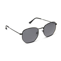 dime optics roxbury round sunglasses with a black metal frame and grey polarized lenses angled view