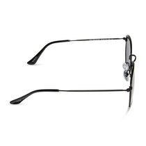 dime optics roxbury round sunglasses with a black metal frame and grey polarized lenses side view