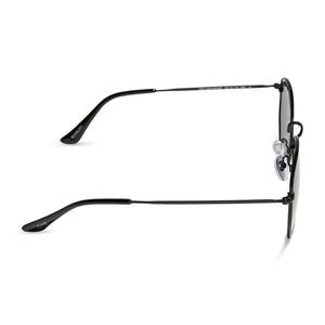 dime optics roxbury round sunglasses with a black metal frame and grey polarized lenses side view