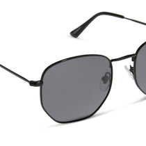 dime optics roxbury round sunglasses with a black metal frame and grey polarized lenses detailed view