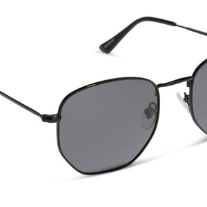 dime optics roxbury round sunglasses with a black metal frame and grey polarized lenses detailed view