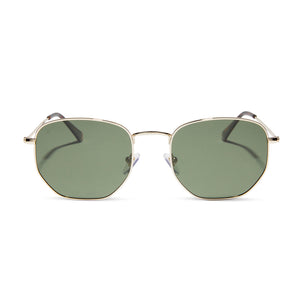 dime optics roxbury round sunglasses with a gold metal frame and g15 polarized lenses front view