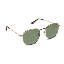 dime optics roxbury round sunglasses with a gold metal frame and g15 polarized lenses angled view