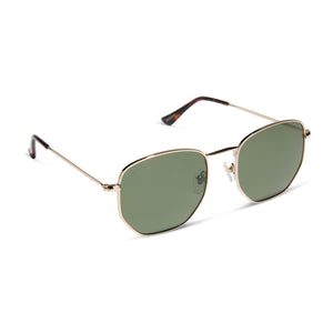 dime optics roxbury round sunglasses with a gold metal frame and g15 polarized lenses angled view