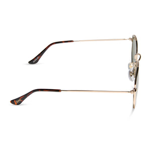 dime optics roxbury round sunglasses with a gold metal frame and g15 polarized lenses side view
