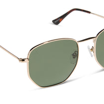 dime optics roxbury round sunglasses with a gold metal frame and g15 polarized lenses detailed view