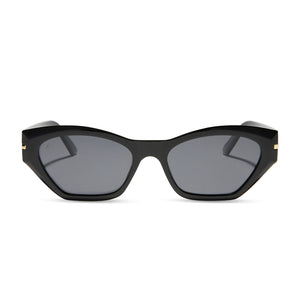 dime optics sawtelle cat eye sunglasses with a black frame and grey polarized lenses front view