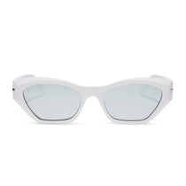 dime optics sawtelle cat eye sunglasses with a glossy white frame and silver mirror polarized lenses front view