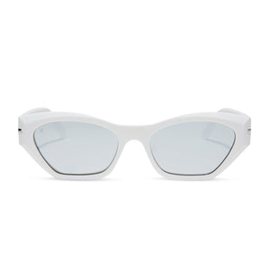 dime optics sawtelle cat eye sunglasses with a glossy white frame and silver mirror polarized lenses front view