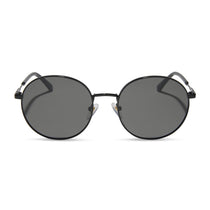 dime optics featuring the silverlake round sunglasses with a black frame and grey lenses front view
