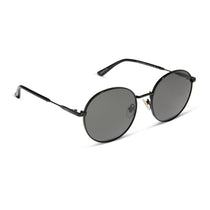 dime optics featuring the silverlake round sunglasses with a black frame and grey lenses angled view