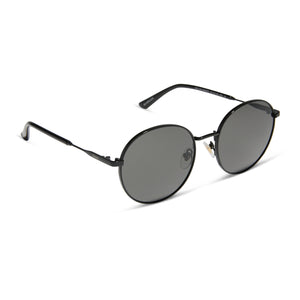 dime optics featuring the silverlake round sunglasses with a black frame and grey lenses angled view