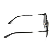 dime optics featuring the silverlake round sunglasses with a black frame and grey lenses side view