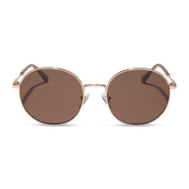 dime optics featuring the silverlake round sunglasses with a champagne gold frame and brown tint lenses front view